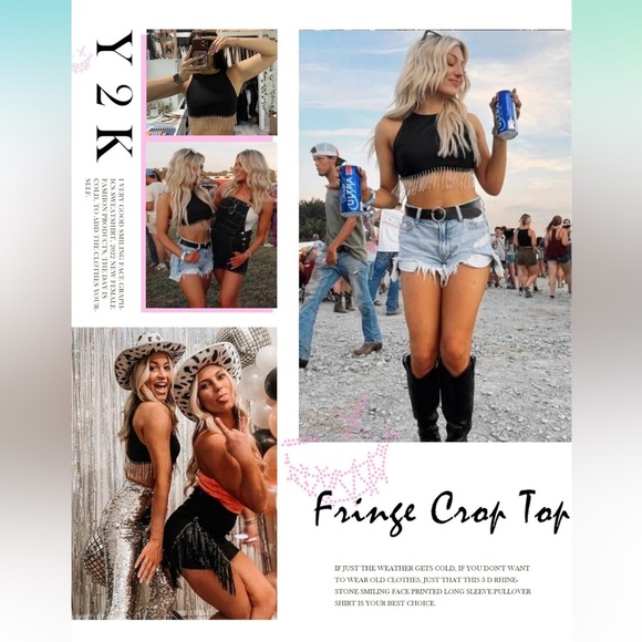 Woman's Crew Neck Racer Back Crop Tank With Sparkly Tassel Hem. Size Small - Picture 5 of 10